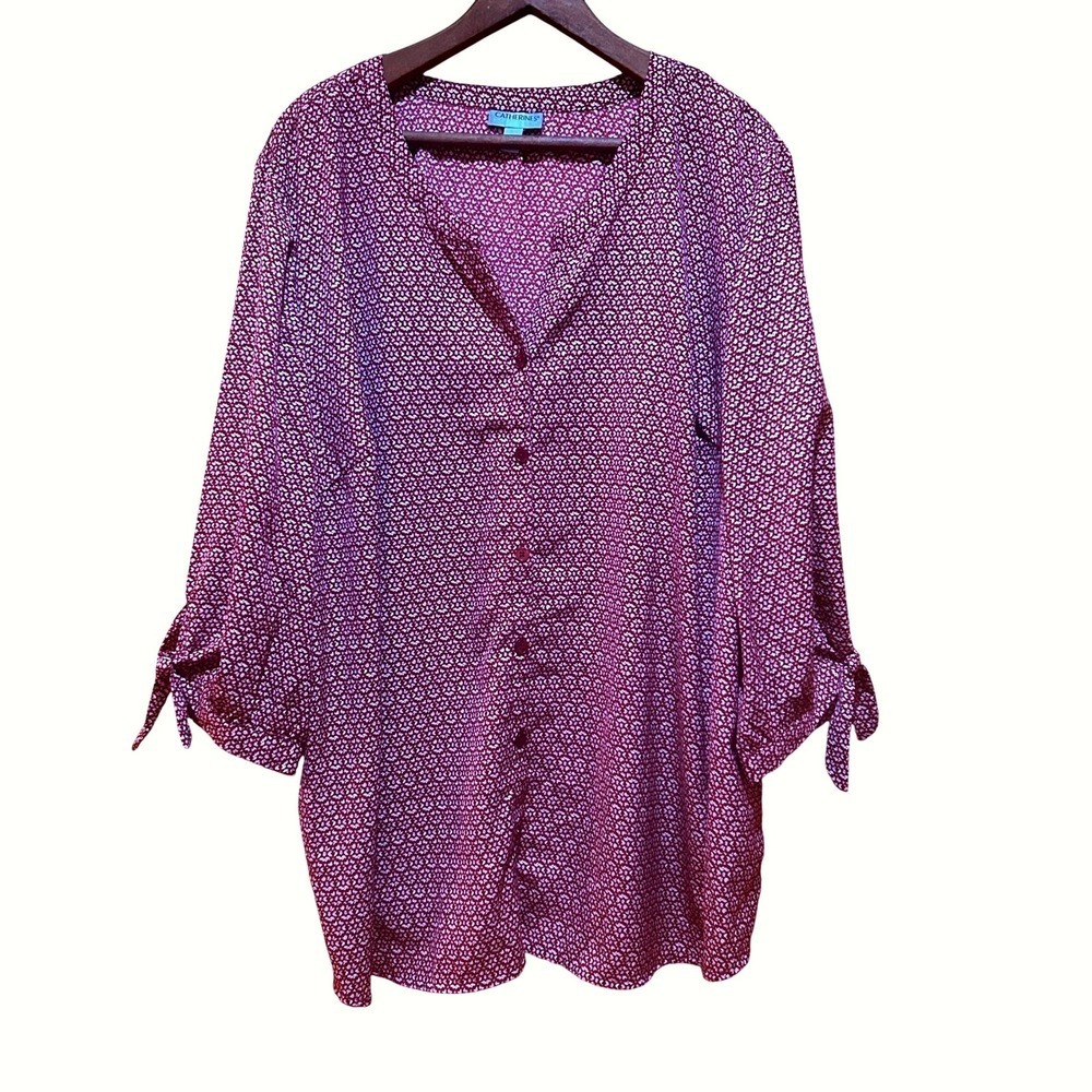 Catherines Blouse Womens 3X Burgundy Geometric Print Tie Sleeve Boho Mature